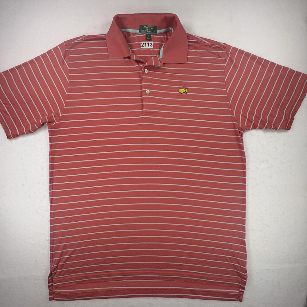 Masters by Peter Millar Shirt Mens Large Red Stripe Golf Cotton Polo Logo